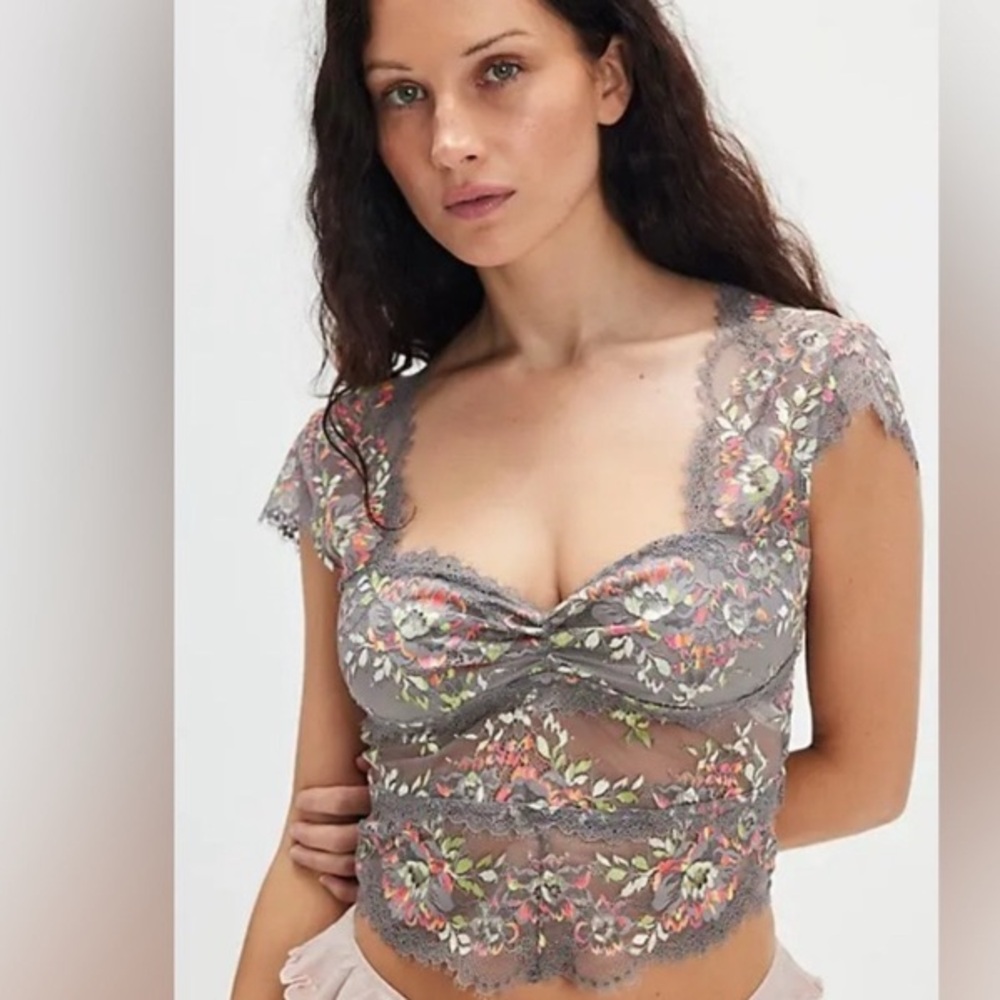 NWT Free People Garden Party Lace Crop Tee in Storm Frong